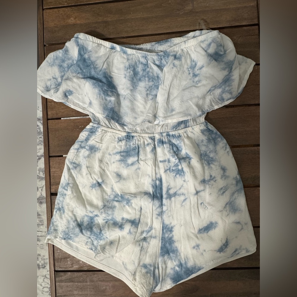 Blue and White Tie-Dye Off-Shoulder Romper